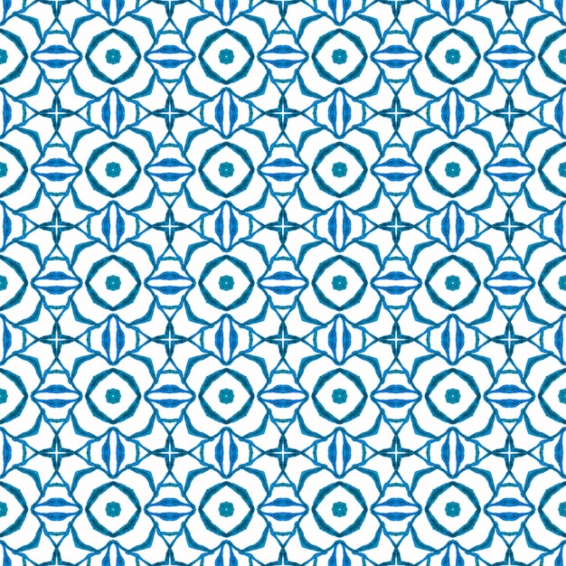 Modelo inconsútil exótico. Bonito diseño de verano azul boho chic. Impresión simétrica lista para textiles, tela para trajes de baño, papel tapiz, envoltura. Frontera sin costuras exótica de verano.