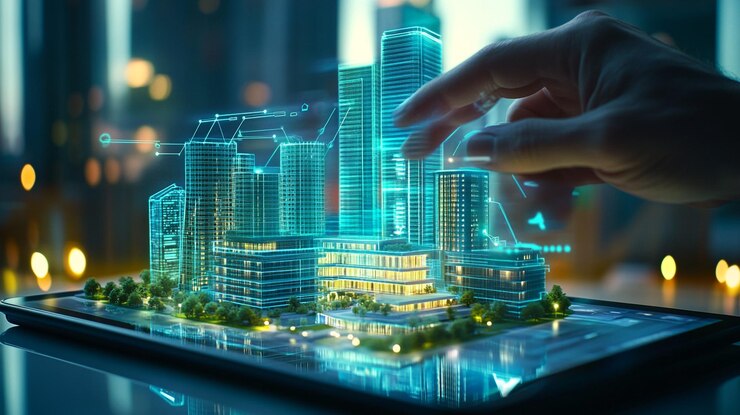 Modelo innovador de una ciudad futurista diseñada digitalmente con una mano manipulando el holograma