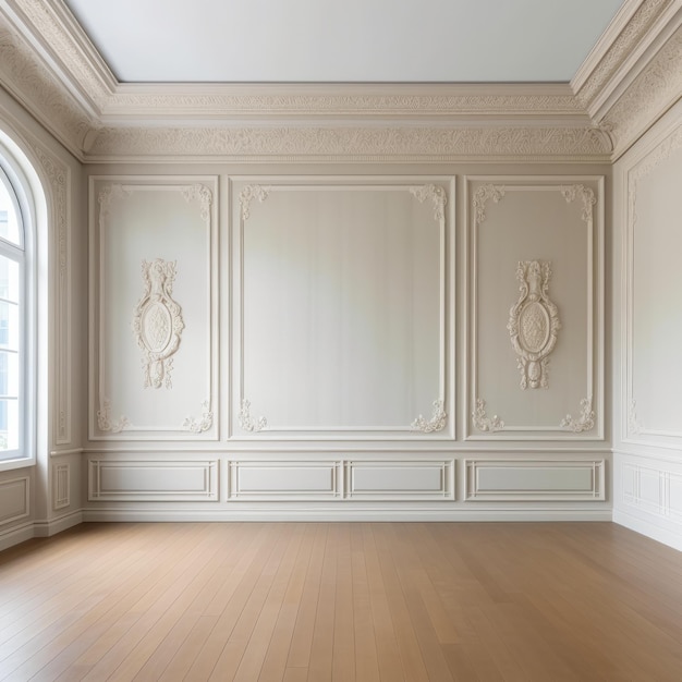 Modelo interior clásico con una pared en blanco