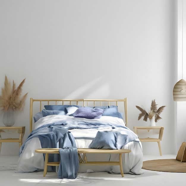 Modelo interior de dormitorio en casa con una cama de madera beige y almohadas de cama azules un jarrón