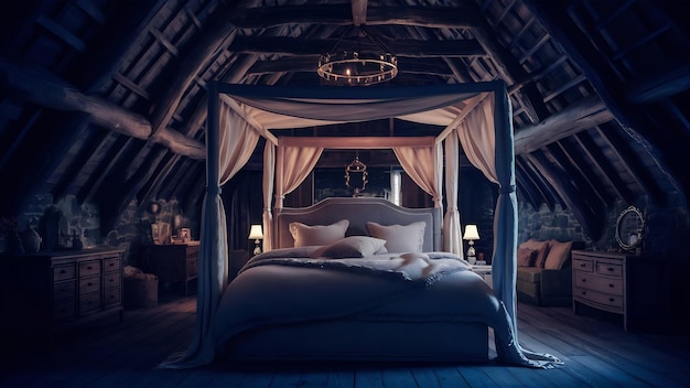 Modelo interior de dormitorio oscuro en estilo de granja 3D