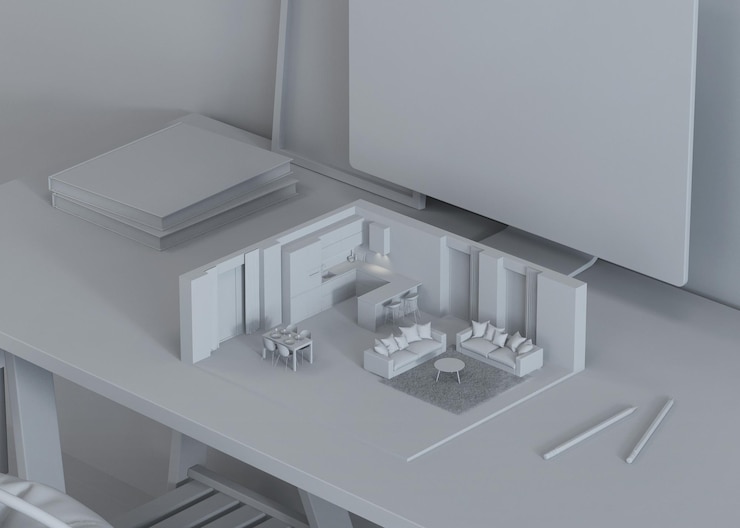 Foto modelo interior na área de trabalho com um monitor. modelagem 3d. cursos 3d. renderização 3d.