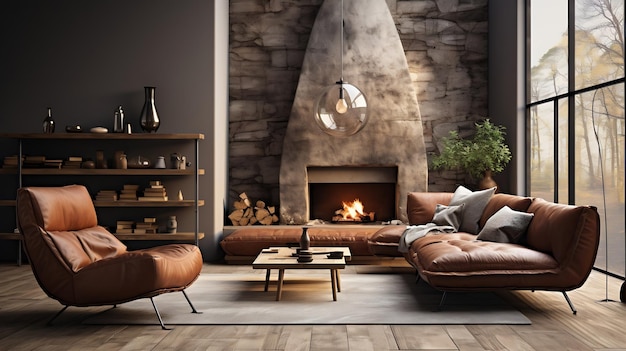 Modelo interior de sala de estar moderno con sofá de cuero, sillón y chimenea IA generativa