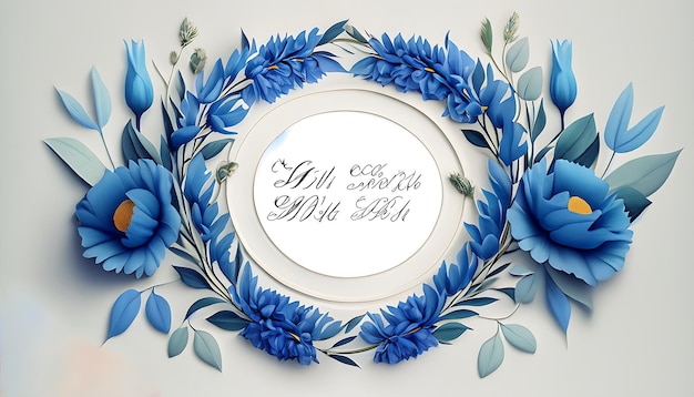 Modelo de invitación de boda de corona floral de primera calidad Flores azules elegantes modernas