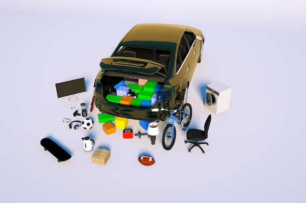Modelo isométrico 3D de un maletero abierto con muchas cosas en un automóvil de pasajeros marrón