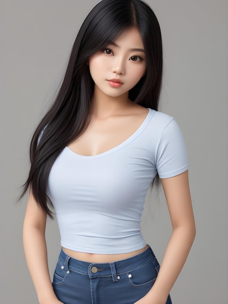 Modelo japonesa de 20 años que viste jeans ajustados con una camisa ajustada ai generativa