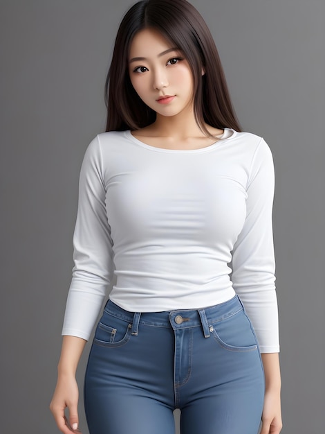 Modelo japonesa de 20 anos, ela está vestindo jeans justos com uma camisa justa ai generative