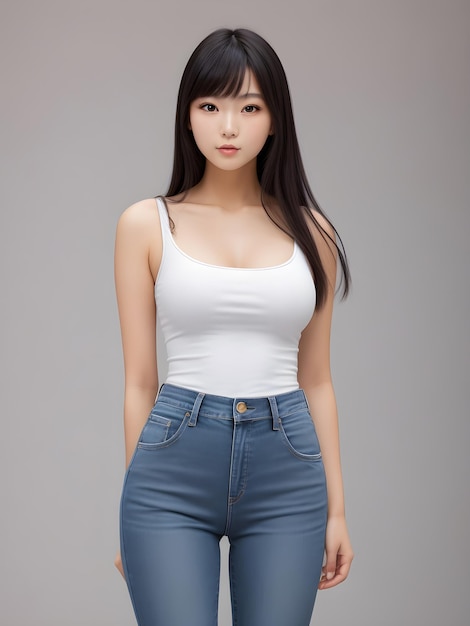 Modelo japonesa de 20 anos, ela está vestindo jeans justos com uma camisa justa ai generative