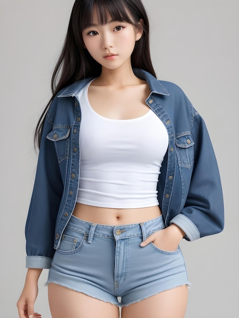 Modelo japonesa ela está se vestindo com um par de jeans ajustados