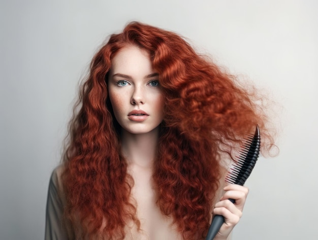 Modelo jovem com lindos cabelos longos para publicidade de salão de cabeleireiro AI generative