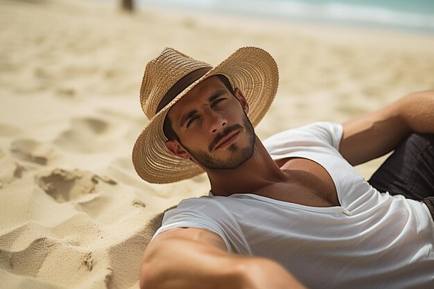 Foto modelo jovem e elegante deitado na areia da praia vestindo um chapéu de verão hipster