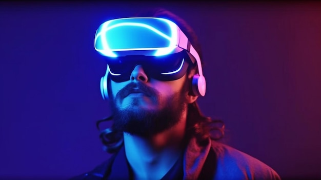 Modelo joven con barba con gafas de realidad virtual Futuras tecnologías realidad aumentada IA generativa