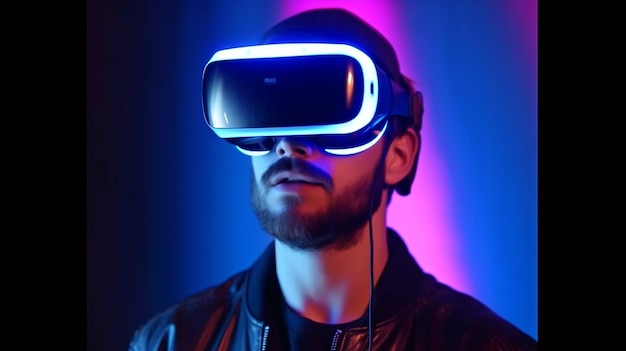 Modelo joven con barba con gafas de realidad virtual Futuras tecnologías realidad aumentada IA generativa