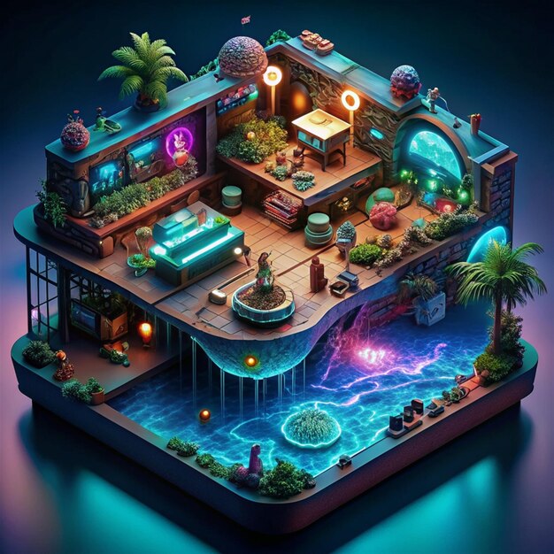 Foto un modelo de un juego de temática tropical llamado una isla tropical