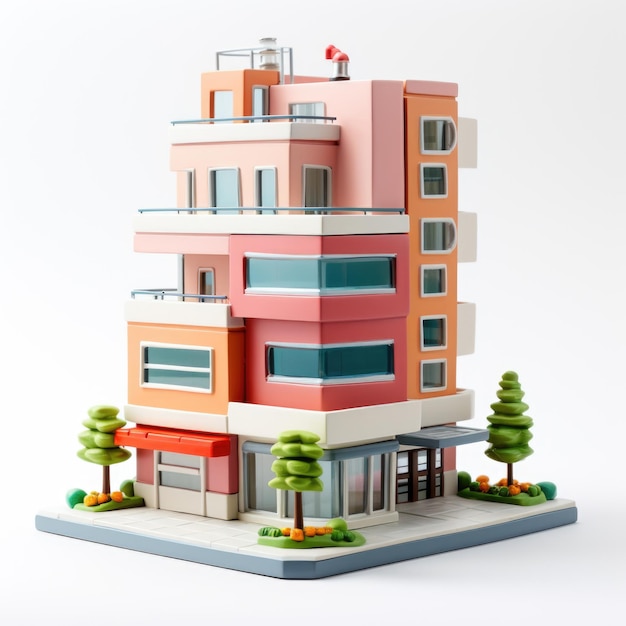 Un modelo de juguete de un edificio con árboles y arbustos Clipart realista sobre fondo blanco