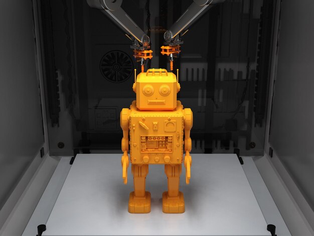 Modelo de juguete de hojalata de robot de renderizado 3d en impresora 3d