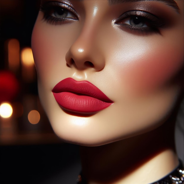 Foto un modelo con un labio rojo y un brillo de labios dorado