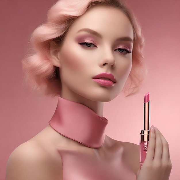 Foto un modelo con lápiz labial rosa y un brillo de labios rosa