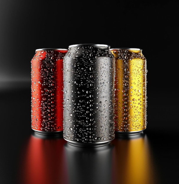 Modelo de lata de bebida de aluminio con gotas de agua Refrigerante lata de bebida fría Modelo de latas de cerveza o refresco