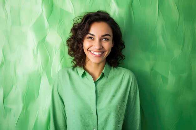 Modelo latina amigável com um sorriso em traje verde