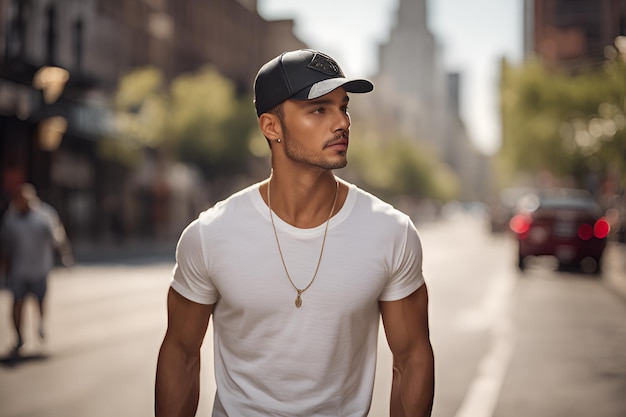 Modelo latino masculino en una camiseta clásica de algodón blanco y una gorra en una calle de la ciudad