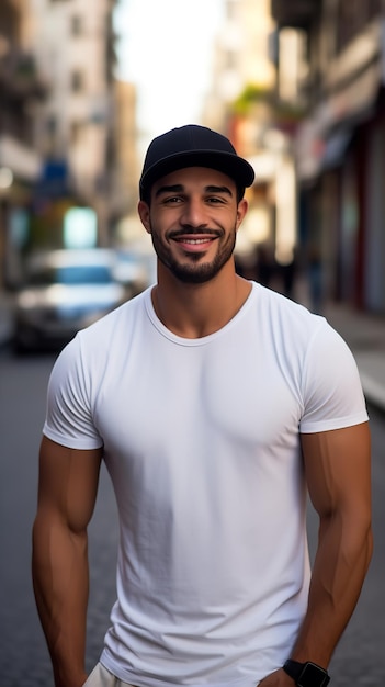 Modelo latino masculino em maquete de camiseta branca em uma rua local IA generativa