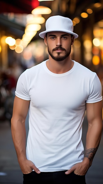 Modelo latino masculino em maquete de camiseta branca em uma rua local IA generativa