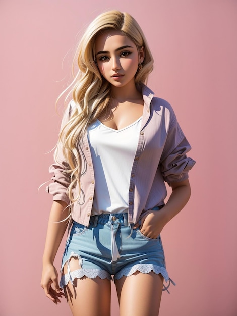 una modelo lleva una camiseta blanca con un fondo rosa.