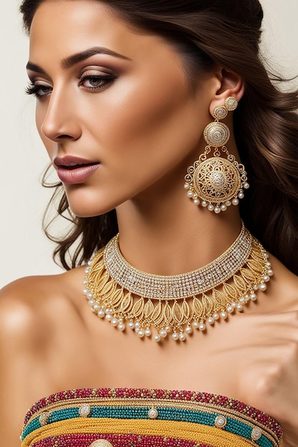 el modelo lleva un collar con pendientes y pendientes