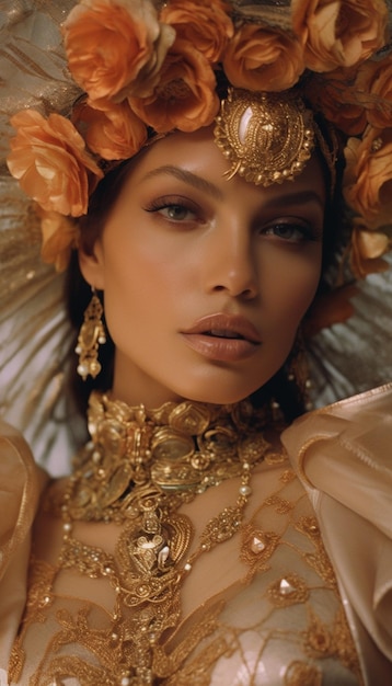 Una modelo lleva una corona de oro y joyas de oro.