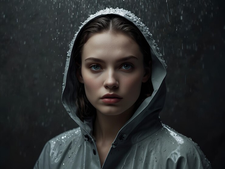 El modelo lleva un impermeable de tono gris