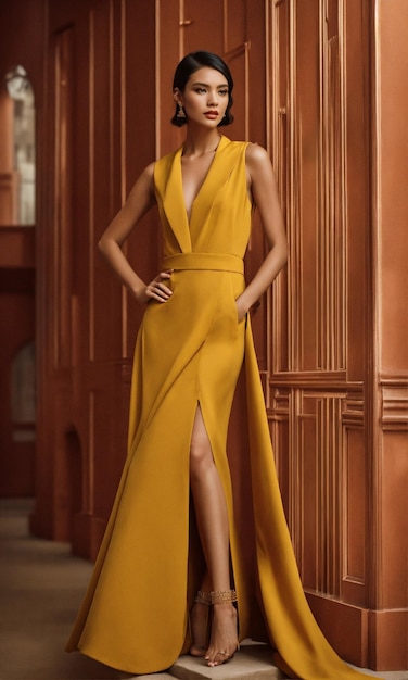 un modelo lleva un vestido amarillo con una hendidura en la espalda