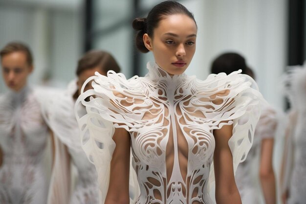 Una modelo lleva un vestido blanco con un patrón floral en la parte de atrás.