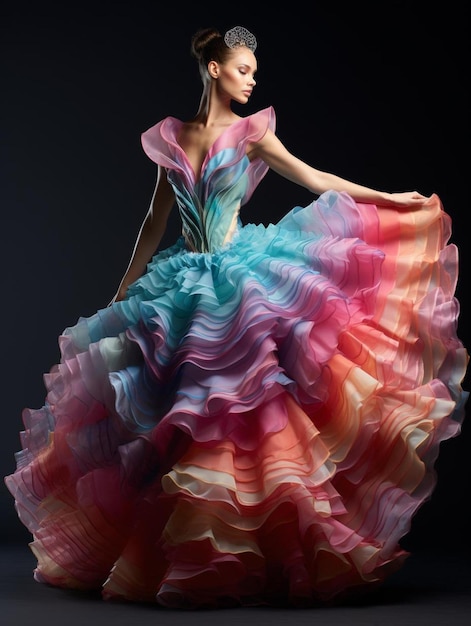 Una modelo lleva un vestido colorido de un diseñador de moda.