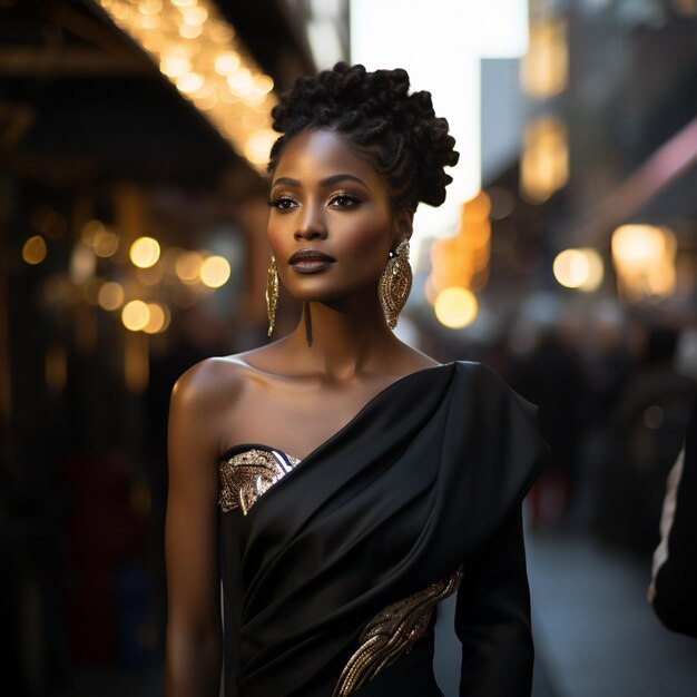 una modelo lleva un vestido negro con una borla de oro en el frente.