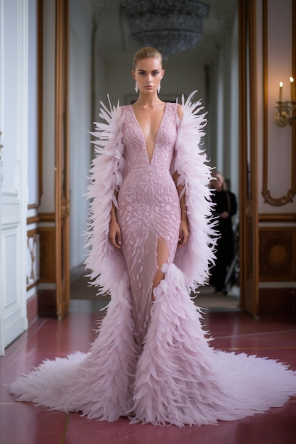 una modelo lleva un vestido de plumas del diseñador de moda.