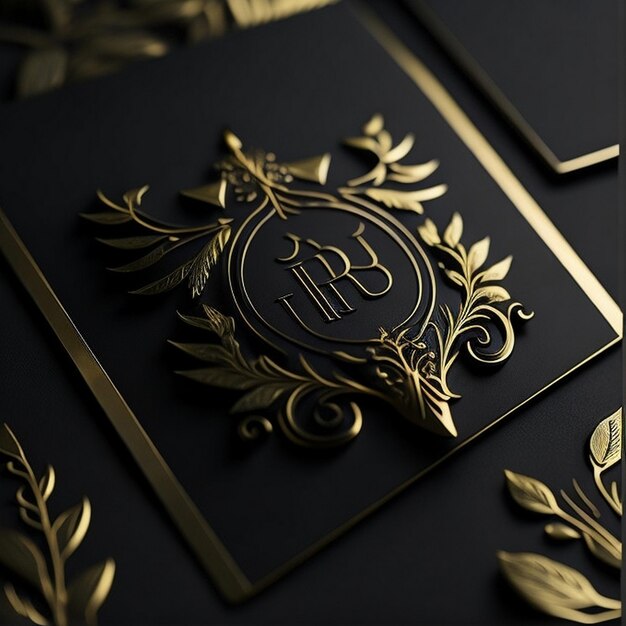 Foto modelo de logotipo de aluminio dorado en relieve elegante y lujoso en papel negro