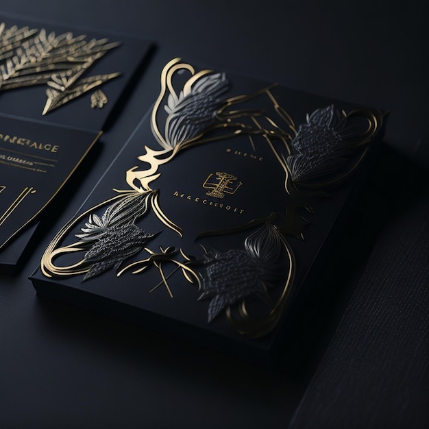 Foto modelo de logotipo de aluminio dorado en relieve elegante y lujoso en papel negro