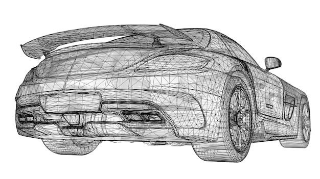 El modelo luce un cupé premium. Ilustración de trama en forma de cuadrícula triangular poligonal negra sobre un fondo blanco. Representación 3D.