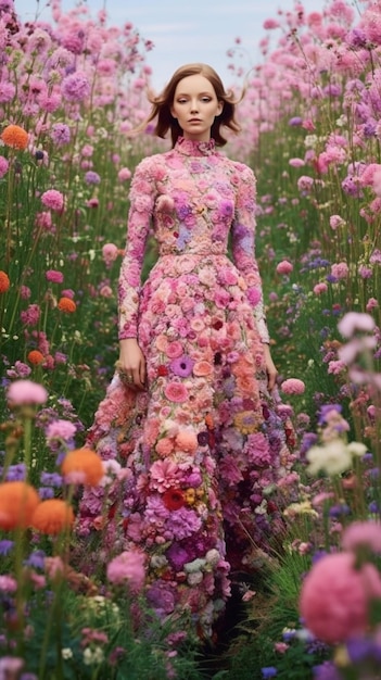 Una modelo luce un vestido floral en un campo de flores.