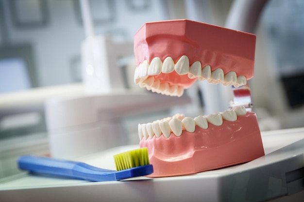 Modelo de una mandíbula humana y un cepillo de dientes en un consultorio dental. Concepto de salud y odontología