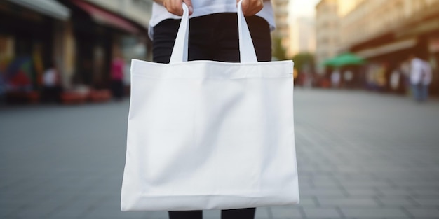 modelo mantenga una bolsa de tela blanca en blanco para salvar el entorno en la moda callejera IA generativa