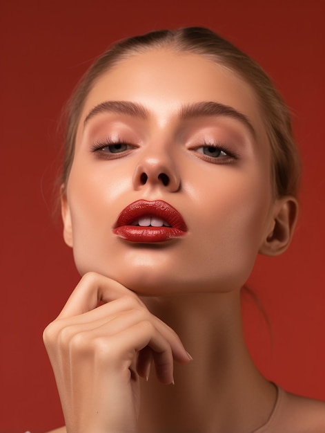 Una modelo de maquillaje con atrevidos labios rojos.