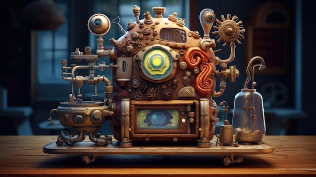 Un modelo de una máquina steampunk con el número 1.