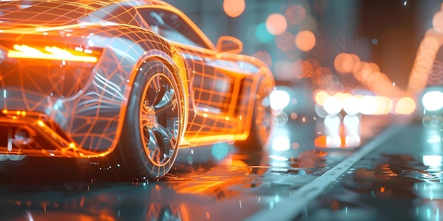 Modelo de marco de alambre poligonal holográfico futurista de un automóvil inteligente lowpoly Concepto de modelado 3D Diseño futurista Tecnología holográfica Concepto de vehículo de automóvil lowpoly