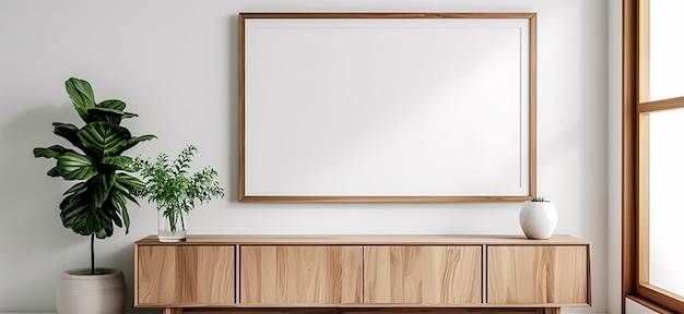 modelo de marco de cartel en blanco en la pared blanca sala de estar con aparador de madera con pequeña planta verde