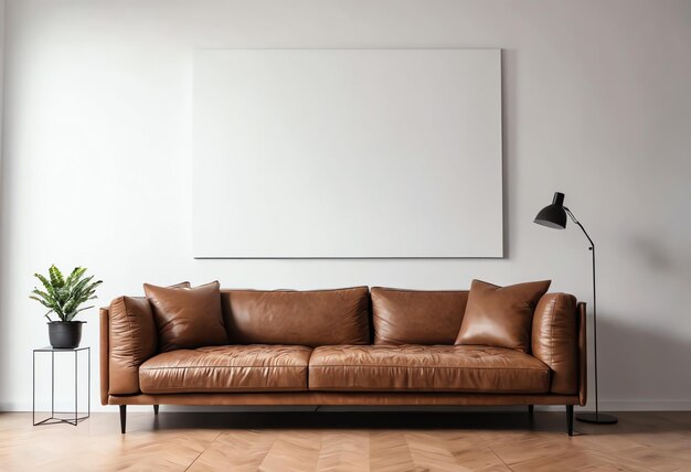 modelo de marco de cartel en blanco en la pared de la sala de estar con sofá marrón