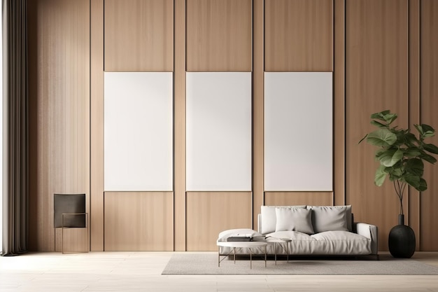 Modelo de marco de cartel en el diseño de interiores de la sala de estar moderna con paneles de pared de madera