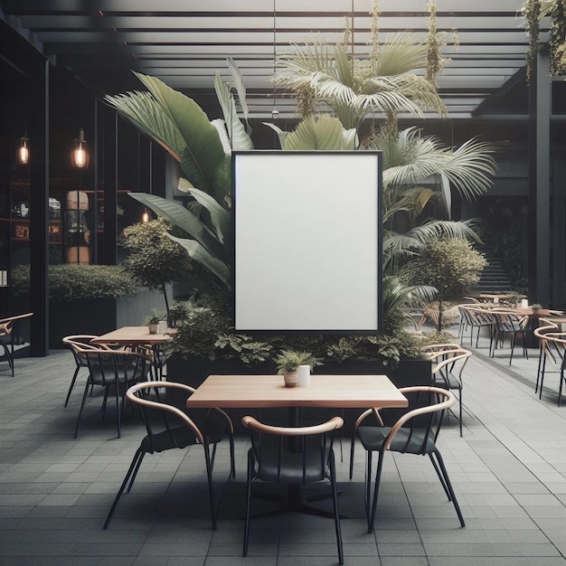 Foto modelo de marco de foto de un cartel en blanco vacío en una cafetería exterior con una foto de una revista de vegetación