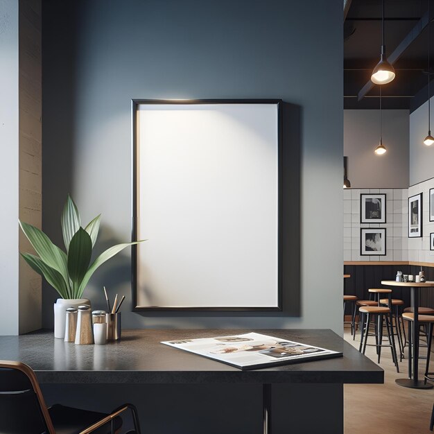 Foto modelo de marco de foto de un cartel en blanco vacío en una iluminación de fotografía de revista de cafetería